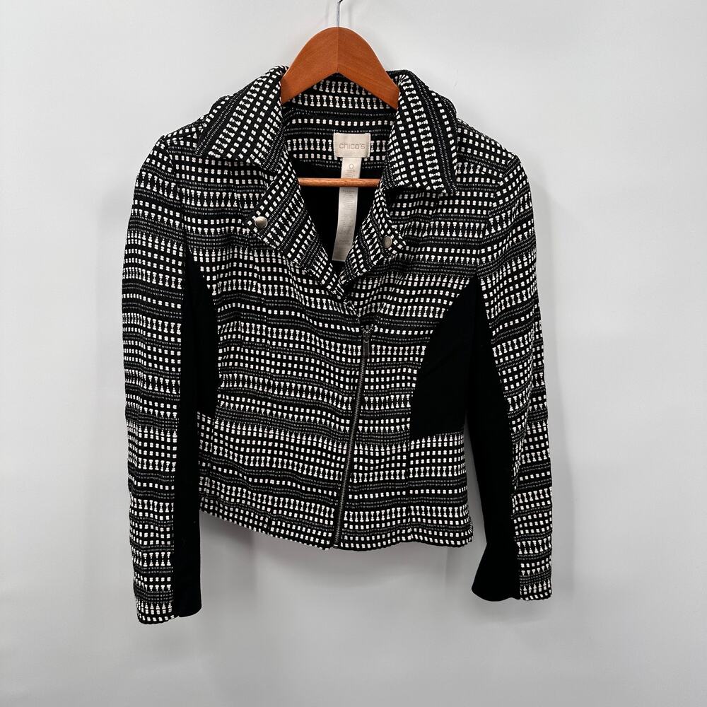 CHICO'S  Black & White Stripe Textured Moto Zip Up Jacket // 0 - Picture 4 of 10
